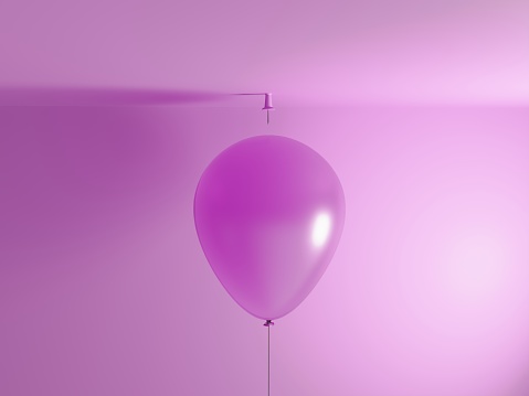 Pink colored ballon flying up to the pink pin, monochromatic scene symbolizing finance, inflation, risk concepts. (3d render)