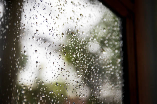 istock Water drops on window glass background after the rain at home. Selective focus. 1421940991