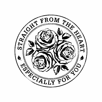 Vintage stamp with roses straight from the heart. Vector tag, floral label, best wishes