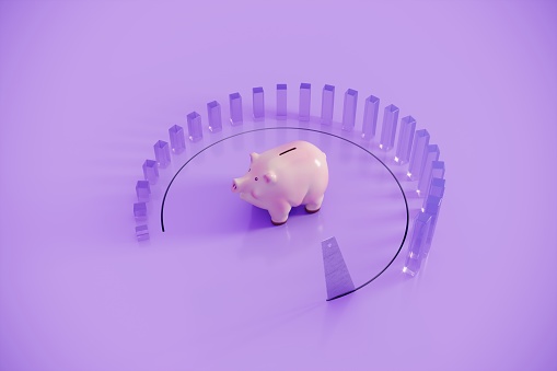 A hand saw cutting the floor and trying to steal the piggy bank, inflation and finance concept. (3d render)