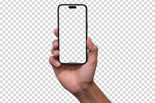 Hand holding the black smartphone iphone with blank screen and modern frameless design in two rotated perspective positions - isolated on white background - Clipping Path