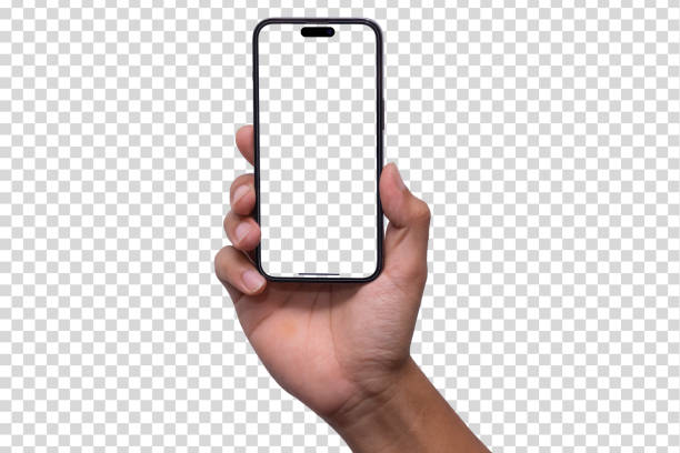 Hand holding the black smartphone with blank screen- Clipping Path stock photo