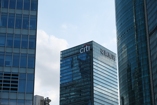 Shanghai,China-Oct. 31st 2021: Citibank company logo on office building at Lujiazui, Pudong, Shanghai.