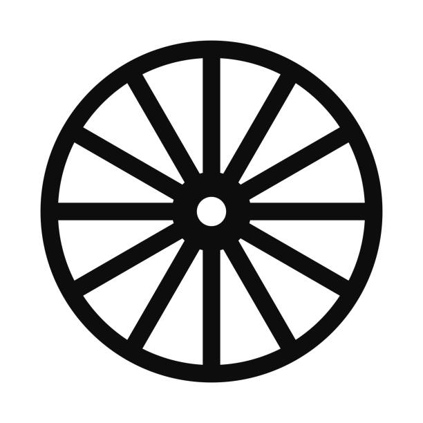 ilustraciones, imágenes clip art, dibujos animados e iconos de stock de icono de línea negra vectorial de rueda antigua aislado - rueda de carro