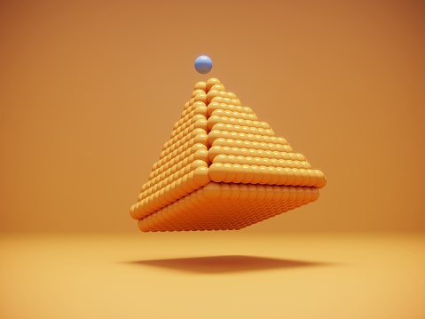 Same colored spheres on pyramid shape, blue one on the top, can be used leadership/individuality concepts. (3d render)