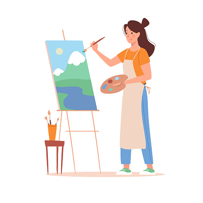 A woman paints a picture at an easel. A young girl paints a landscape the mountains with watercolors and oils. Brushes and palette in the hands of the artist. Vector illustration in flat style