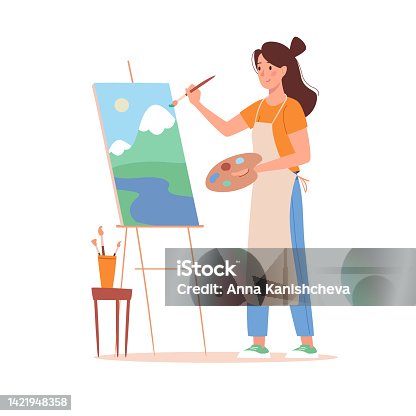 istock A woman paints a picture at an easel. A young girl paints a landscape the mountains with watercolors and oils. Brushes and palette in the hands of the artist. Vector illustration in flat style. 1421948358
