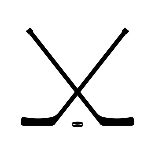 Hokey vector black logo isolated Two hockey sticks crossing with puck symbol vector illustration icon - High quality logo isolated on white background ice hockey league stock illustrations