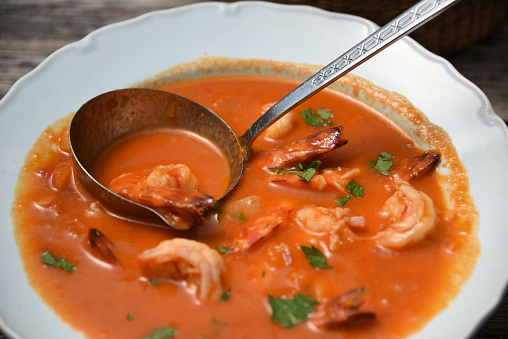 Tomato soup with shrimps