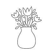 istock Flowers in a vase isolated vector illustration in black and white outline contour line art. Bouquet of blooming tulips for interior decoration. Birthday gift. Simple hand drawn clipart design element 1421951836