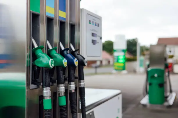 Pumps at a petrol station in the North East of England. Image taken during a cost of living crisis.