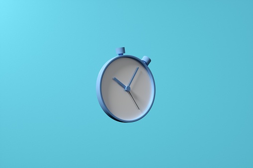 Wall clock on the blue wall with copy space.\n5 o'clock