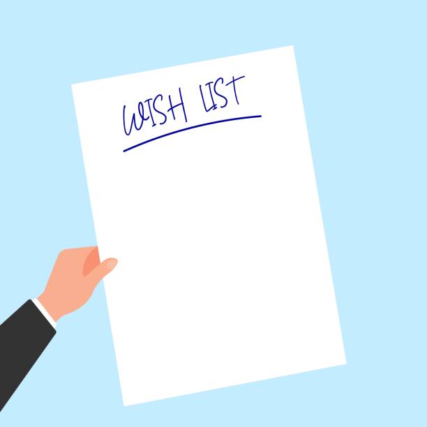 ilustraciones, imágenes clip art, dibujos animados e iconos de stock de pedazo de papel con lista de deseos sobre fondo azul - wish list