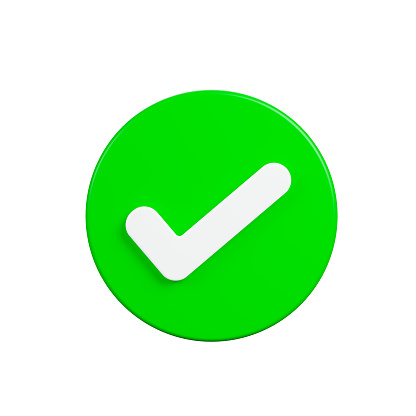 Realistic green checkmark button, symbol sign, Suitable for applications, cartography, GPS navigation, announcement banner, websites, front view, 3d rendering, illustration.