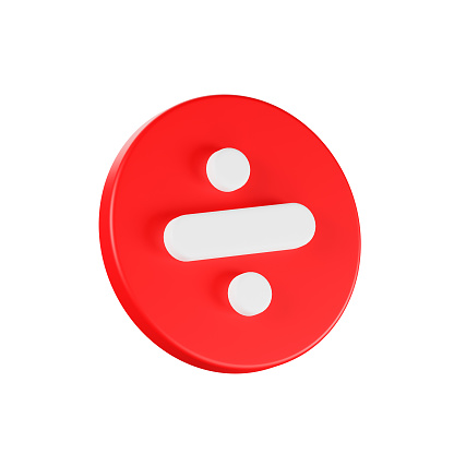 white arithmetic division sign on red button circle shape, on white background, 3d rendering, illustration