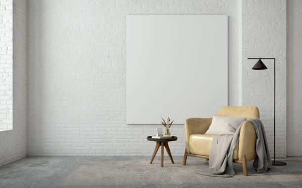 istock Minimal loft style interior.Armchair,side table,lamp and blank canvas on brick wall background.3d rendering 1421956159