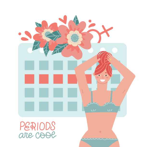 Women in underweare in front of Female period calendar. Periods are cool - lettering quote. Happy Girl having period witout premenstrual syndrome. Menstruation is normal. Vector flat illustration Women in underweare. Periods are cool - lettering quote. Female period calendar. Happy Girl having period witout premenstrual syndrome. Bleeding and menstruation is normal. Vector flat illustration. witout stock illustrations