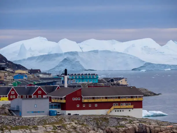 Photo of Ilulissat, formerly Jakobshavn or Jacobshaven, in western Greenland north of the Artic Circle.