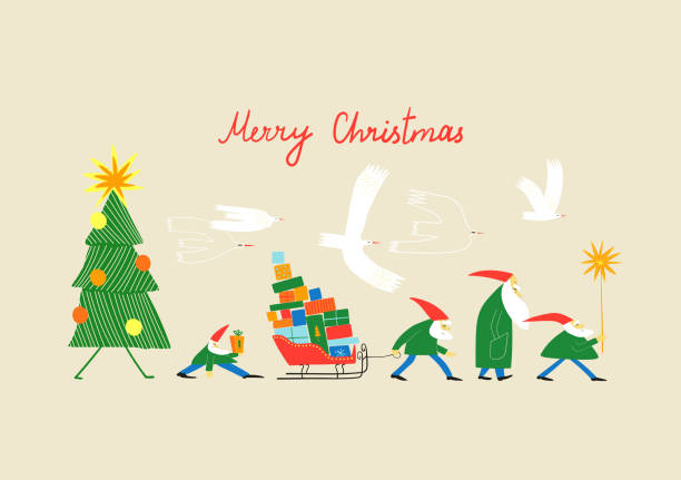 Christmas greeting card with procession of gnomes. Festive xmas illustration with funny elves going to deliver holiday gifts.
