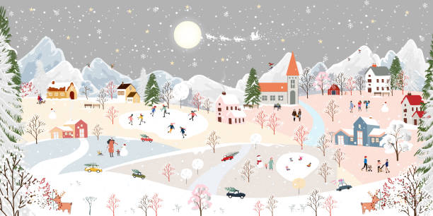 ilustrações de stock, clip art, desenhos animados e ícones de winter wonderland landscape background at night with people having fun in the city on new year,christmas day in village with people celebration, kids playing ice skate, teenager skiing on mountain - christmas snow child winter