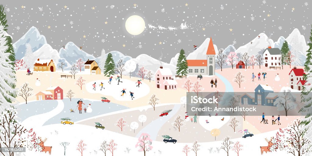Winter Wonderland Landscape Background At Night With People Having Fun In  The City On New Yearchristmas Day In Village With People Celebration Kids  Playing Ice Skate Teenager Skiing On Mountain Stock Illustration -