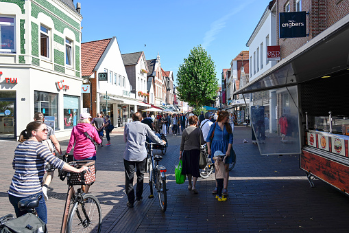 Leer, Germany, September 3, 2022 - Pedestrian zone Mühlenstraße in Leer (East Frisia)