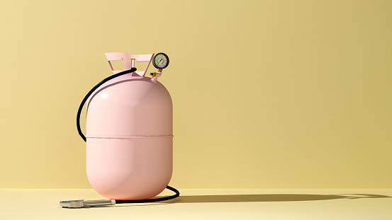 pink bottle with freon and hose for refueling and copy space. 3d rendering