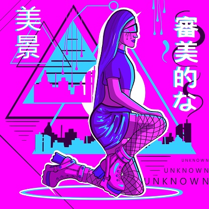 Digital art of a cyborg woman on her knees and artistic geometrical background. Futuristic and cyber punk girl in pink and blue clothes in the cyberspace. Artificial intelligence modern concept