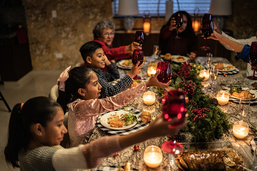 Family making celebration toast in the dinner table on christmas at home
