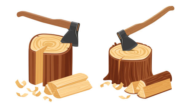 나무 그루터기의 도끼 도구. 캠핑 도끼는 나무나 장작을 자른다. 통나무 및 목재 재료, 천연 목재 컨셉 벡터 - axe tree cutting deforestation stock illustrations