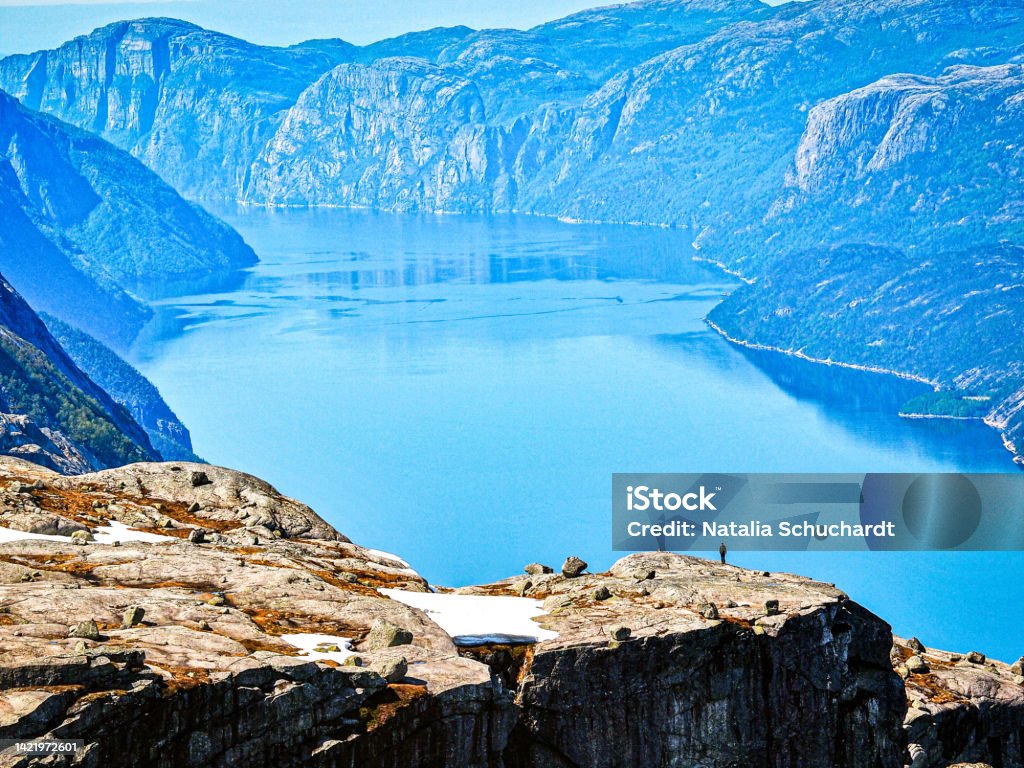 Lysefjord - Kjerag is a popular mountain peak that towers a 1000 metres over the Lysefjord Aerial View Stock Photo