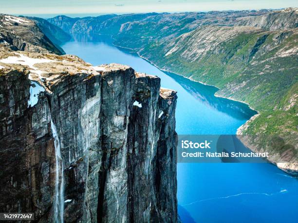 Lysefjord Kjerag Is A Popular Mountain Peak That Towers A 1000 Metres Over The Lysefjord Stock Photo - Download Image Now
