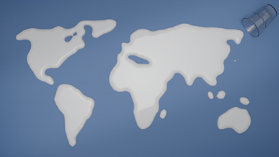World or Global Map created by spilled Milk from Glass. Blue Surface,