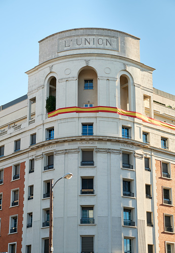 Madrid, Spain - APRIL, 1, 2022: Close-up of the façade of the Restaura Building or L'Union Building (Edificio Restaura or Edificio L'Union) in Madrid.