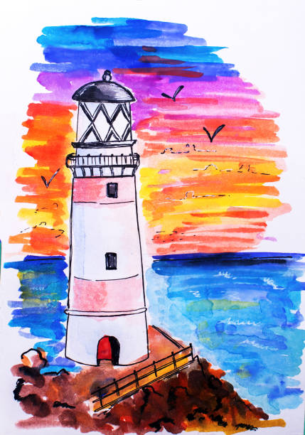 istock Lighthouse on coast of sea. Hand drawn beacon. Sketch. 1421988111