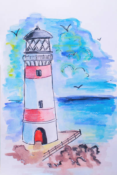 istock Lighthouse on coast of sea. Hand drawn beacon. Watercolor sketch. 1421988112