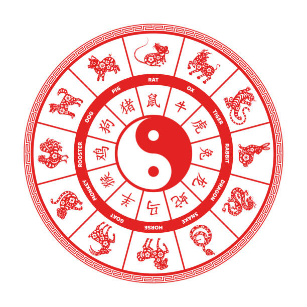 Chinese zodiac wheel twelve animals Chinese zodiac wheel with twelve animals and hieroglyphs isolated on white background. Vector illustration. Нin yang duality symbol. China characters letters with translation. year of the sheep stock illustrations