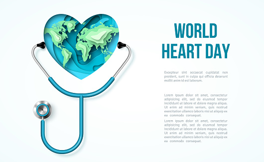 World Heart Day concept. Paper cut heart, map and stethoscope 3d poster, place for text. Vector illustration. Health background medical template, doctor equipment isolated on white