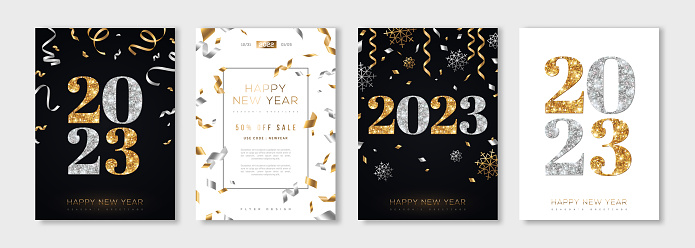 Merry Christmas and New Year posters set with gold and silver confetti, 2023 numbers. Vector illustration. Winter holiday invite, snowflakes and streamers. Minimal flyer, brochure voucher template.