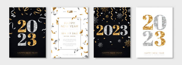 2023 gold poster set New Year Merry Christmas and New Year posters set with gold and silver confetti, 2023 numbers. Vector illustration. Winter holiday invite, snowflakes and streamers. Minimal flyer, brochure voucher template. new year stock illustrations