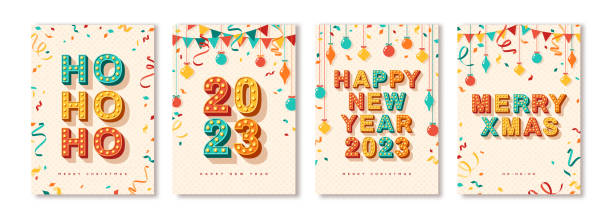 2023 New Year cards set Set of 2023 Merry Christmas and Happy New Year cards or banners with retro typography font design. Vector illustration. Holiday poster, vintage baubles confetti, hanging flag garland. Place for text new years eve party stock illustrations