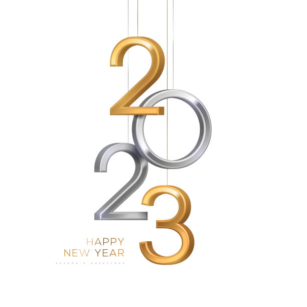 2023 silver and gold New year logo 2023 silver and gold numbers hanging on white background. Vector illustration. Minimal logo invitation design for Merry Christmas and Happy New Year. Winter holiday poster brochure voucher template. new year stock illustrations