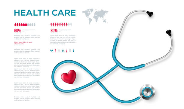 Stethoscope 3d heart infograph Stethoscope and 3d heart infograph poster. World health day infographics banner. Vector illustration. Healthcare background medical template, cardiology equipment, cardiologist instrument stethoscope stock illustrations