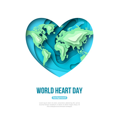 World Heart Day Background, paper cut 3d icon isolated on white, planet Earth, map. Vector illustration. Abstract cardio health medical template. Creative ecology concept, save water, environment art