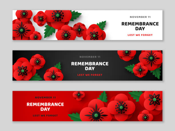 Remembrance Day header set poppy Remembrance Day horizontal banner set. Memorial Anzac card flyer, header or voucher template, paper cut poppy flowers border frame. Vector illustration. Craft floral design. Lest we forget, armistice remembrance day background stock illustrations