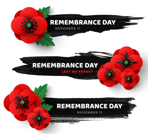 Remembrance Day paint banner poppy Remembrance Day header template, black brush paint strokes, Memorial Anzac banner set, paper cut poppy flowers border frame. Vector illustration. Craft floral tag label design. Lest we forget remembrance day background stock illustrations