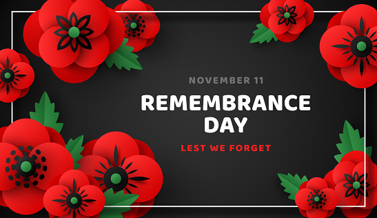 Remembrance Day card, Memorial Anzac flyer template with paper cut poppy flowers and leaves border frame. Vector illustration. Red floral design for posters, brochures vouchers. Place for text