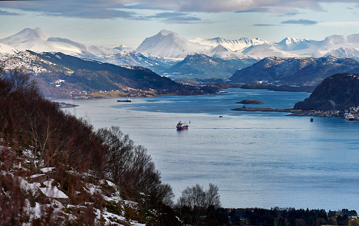 View towards Ålesund from Godøy mountain, Norway.