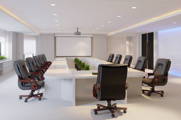 interior business empty meeting room.conference desk ,projection screen and plants. - business meeting conference call outdoors imagens e fotografias de stock