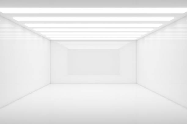istock Empty 3d white room with stripes of ceiling lights 1421995689